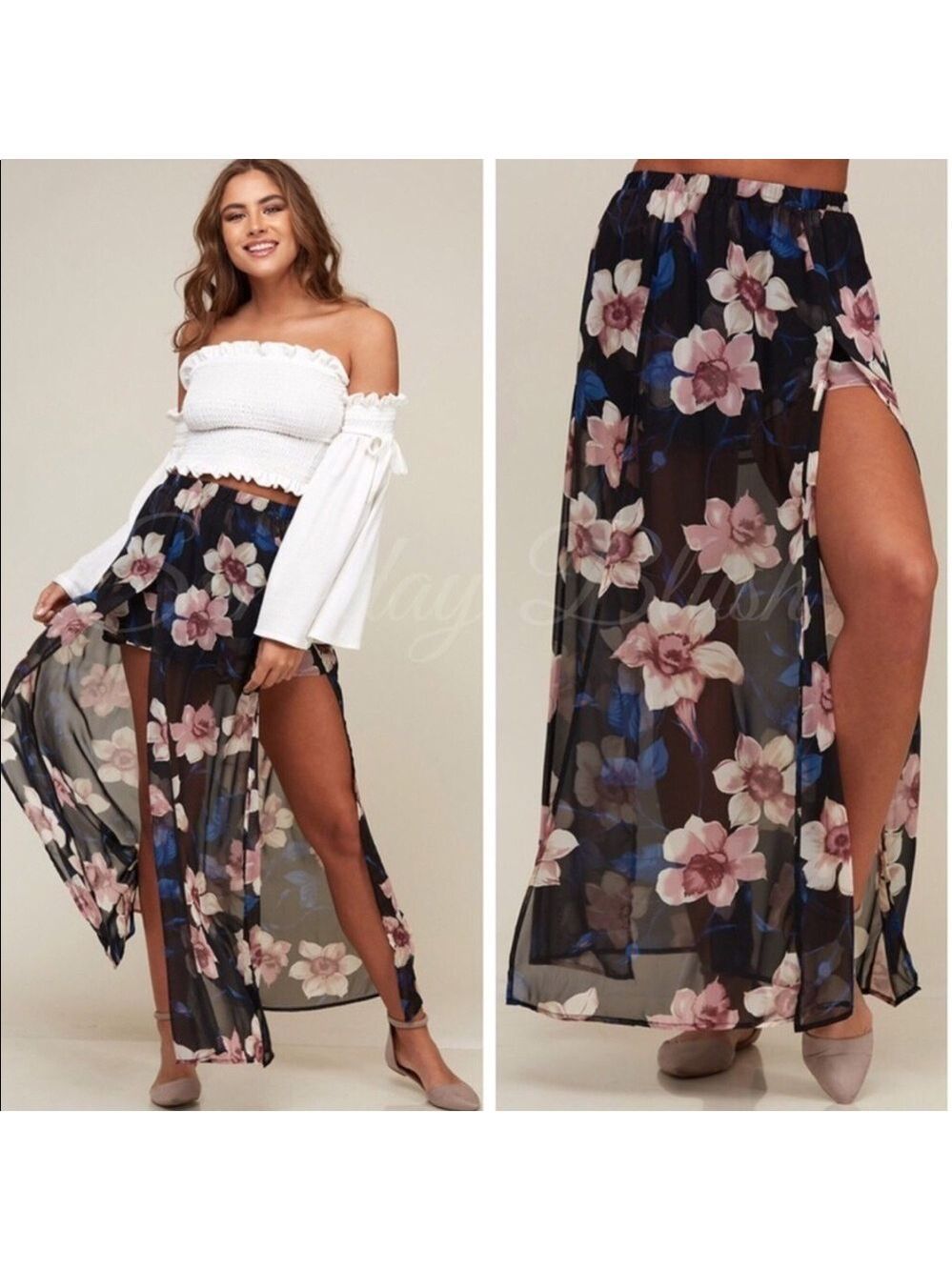 Floral Sheer Black Maxi Skirt with Side Slit